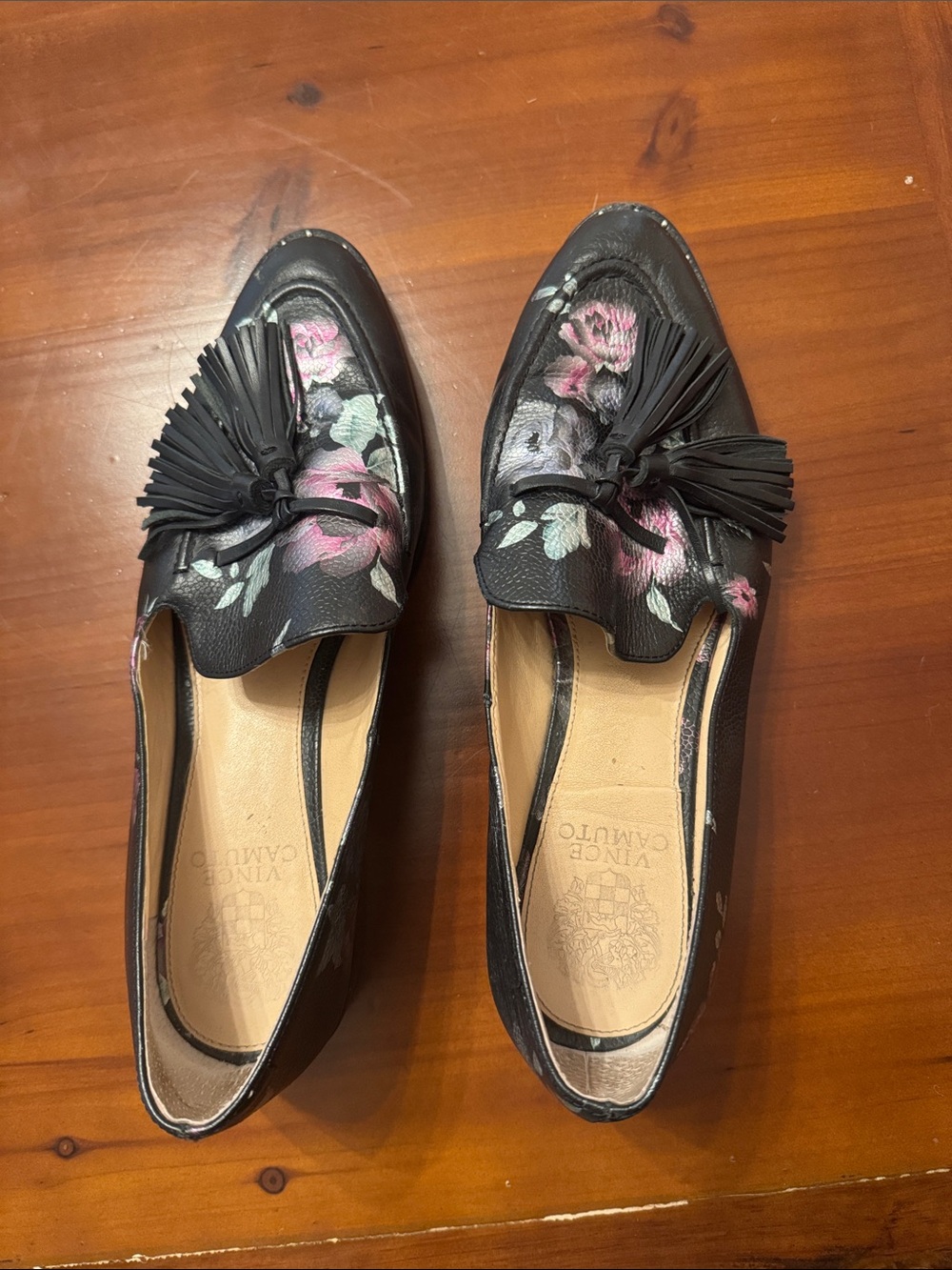 Vince Camuto Black Floral Tassel Loafers with Pink & Green Accents